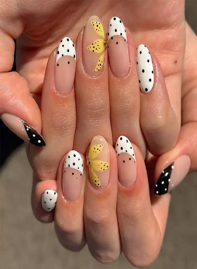 CTTHNBD Press on Nails Almond Fake Nails Medium False Cute Stick on Glossy Glue on Acrylic Nails for Women Manicure 24Pcs Style-06 - Image 1